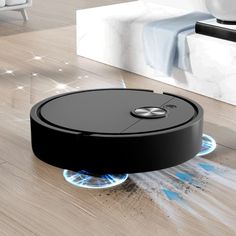 a robotic vacuum cleaning the floor in a living room