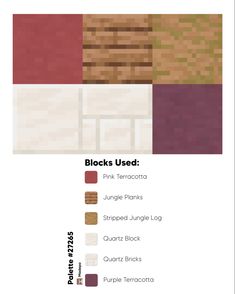 an info sheet showing the different materials used to make furniture and decorating them with text that reads, blocks used pink terracotta jungle plants striped jujuangi