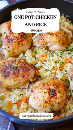 One Pot Chicken and Rice Chicken Thighs And Rice One Pot, Chicken And Rice One Pot Dinner, Chicken Thighs And Rice Oven, Chicken And Rice Instant Pot Recipes, Chicken Thigh And Rice Recipes, Chicken Thigh And Rice, Easy Crockpot Chicken And Rice, Chicken Rice A Roni, Chicken Thighs With Rice