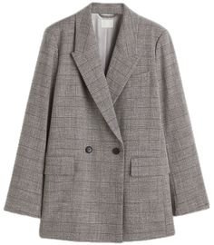 Gray Oversized Long Sleeve Blazer, Gray Double-breasted Blazer For Spring, Chic Gray Blazer With Lapel Collar, Gray Double-breasted Spring Blazer, Chic Gray Long Sleeve Blazer, Spring Gray Double-breasted Blazer, Oversized Gray Blazer For Fall, Chic H&m Winter Blazer, H&m Fall Office Outerwear