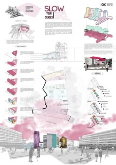 an architectural diagram shows how the building would look like in pink and white, as well as