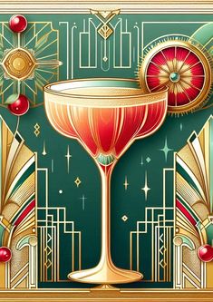 an art deco style cocktail glass with cherries and garnishes on a green background