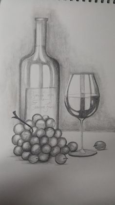 a drawing of a wine bottle and glass next to some grapes on a table top