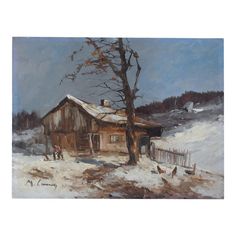 a painting of a house in the snow with trees and people walking by it on a snowy day