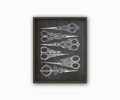 six pairs of scissors on a chalkboard