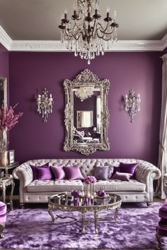 a living room with purple walls and furniture in the center, chandelier hanging from the ceiling