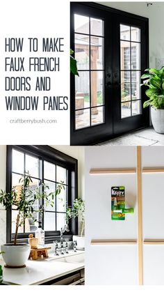 the interior of a house with black doors and windows, plants in potted planters