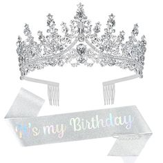 PRICES MAY VARY. 💃The Perfect Birthday Party Kit: Perfect combination of “It's my Birthday” sash and rhinestone tiara. It will makes you amazing and being the center of attention wherever you are 🎀It's my Birthday Sash: Made of high quality silver glitter cloth and printed with colorful words reads “It's my Birthday”, cute and gorgeous! The sash is in 63 inch length and 3.74 inch width, It comes with a safety and cute pearl pin for closure and it can adjust sash to your needs, suitable for alm Silver Birthday Crown, Sash Aesthetic, Quince Blue, Sixteen Birthday Party Ideas, Crowns For Women, Quinceanera Crown, Sweet Sixteen Birthday Party Ideas, Queens Tiaras, Bubble Tea Boba