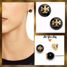 Nwot Tory Burch Authentic Evie Crystal Pearl Stud Earrings Black With Gold Tory Logo These Tory Burch Crystal Black Pearl Stud Earrings Are Dotted With Signature Gold Logos Adding A Graphic Element And A Touch Of Shine To Everyday Looks. Made For Pierced Ears. Metal And Glass Bead Stainless Steel Posts Post Closure Approx 2". (.5 Cm) Logo On Front Approx Length .4" (1.0 Cm) New On Tory Burch Earring Card Imported Black Jewelry For Work, Chic Black Jewelry For Workwear, Chic Black Jewelry For Work, Tory Burch Earrings, Tory Burch Jewelry, Gold Logo, Earring Cards, Pearl Stud Earrings, Logo Color