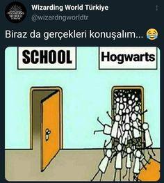 an image of two doors with words on them that say school and hogwarts