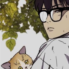 a man with glasses holding a cat under a tree