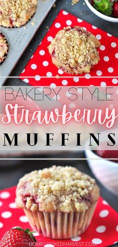 strawberry muffins with crumbled topping and strawberries in the background