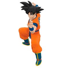 the dragon ball character is in mid air with his arms out and one foot up