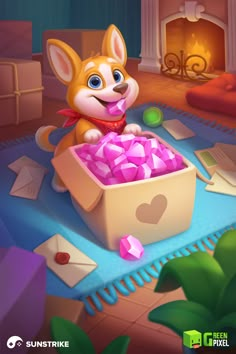 a cartoon dog sitting in a box filled with candy