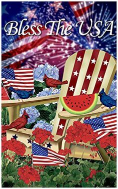 an american flag and watermelon on a lawn chair with red, white, and blue flowers