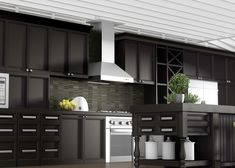 a kitchen with black cabinets and stainless steel stove top oven in the center, surrounded by potted plants