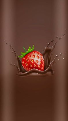 a strawberry falling into chocolate with water splashing on it