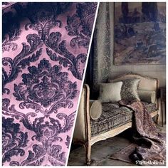 an old chair is next to a purple wallpaper