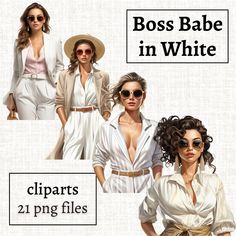 three women wearing white outfits and hats with the words boss babe in white above them