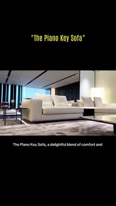 the piano key sofa is white in color and has a black background with text that reads, the piano key sofa