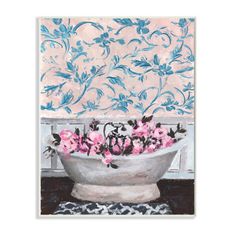 a painting of pink flowers in a bathtub