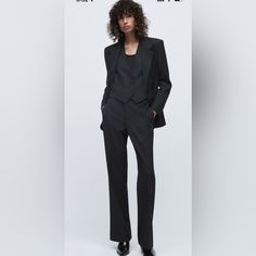 Zara Wool Blend Striped Pants Black Color Basic And Beautiful Zara Tailored Straight Leg Pants, Chic Suits With Welt Pockets And Straight Leg, Zara Tailored Straight Leg Dress Pants, Zara Tailored Straight Dress Pants, Zara Tailored Trousers, Zara Tailored Dress Pants For Work, Fitted Zara Pantsuit For Office, Formal Straight Leg Zara Pants, Elegant Tailored Zara Pants