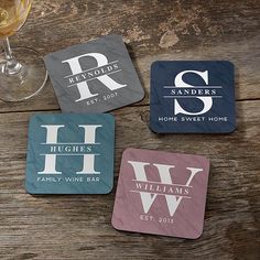 Custom printed with any initial, name and special messageBackground contains a marble-inspired textureSold individually Top quality, wood composite coaster features a high-gloss laminate front and cork backingEach coaster measures 3 3/4" squareMade in USA Friends or family will love their last name printed for all to see on the Lavish Last Name Personalized Coasters. Perfect for housewarmings, and much more! Monogram Coasters Diy, Coaster Cricut, Coaster Design Ideas, Height Board, Usa Friends, Customized Coasters, Name Coasters, Table Signage