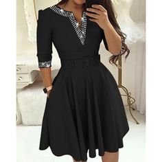 Season:Summer,Fall,Spring; Fabric:Polyester; Sleeve Length:3/4 Length Sleeve; Look After Me:Machine wash; Gender:Women's; Style:Fashion,Modern; Elasticity:Micro-elastic; Occasion:Office; Details:Belt Included; Fit Type:Loose Fit; Dresses Type:Black Dress; Pattern:Plain; Design:Sequin; Neckline:V Neck; Front page:FF; Listing Date:08/16/2024; Dress Length Type:Midi Dress; Print Type:non-printing Black 3/4 Sleeve Summer Dresses, Black Summer Dresses With 3/4 Sleeves, Black Summer Dress With 3/4 Sleeves, Office Dresses With 3/4 Sleeves, Black Midi Dress With 3/4 Sleeves For Office, Black Mini Dress With 3/4 Sleeves For Summer, Black Half Sleeve Midi Dress For Work, Black Fitted Midi Dress With 3/4 Sleeve, Casual Party Dress With 3/4 Sleeves