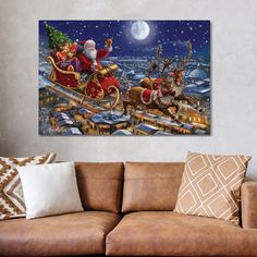 a painting of santa riding in his sleigh with reindeers on the roof