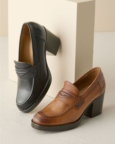 This menswear-inspired loafer gets a feminine lift from its fabulously heeled silhouette. Handcrafted in burnished leather with cushioning for comfort, plus raised heritage stitching on the toe, saddle, and back for extra style.  By Frye. Slip-on style. Cushioned footbed. Stacked leather block heel. Leather sole and man-made heel cap. Classic Platform Loafers For Office In Fall, Fall Wingtip Platform Loafers For Work, Classic Platform Loafers For Formal Fall Occasions, Classic Formal Platform Loafers For Fall, Classic Fall Formal Platform Loafers, Classic Leather Platform Loafers Medium Width, Elegant Brown Platform Loafers With Leather Footbed, Classic Brown Heels With Brogue Detailing, Formal High Heel Shoes With Leather Footbed