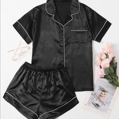 This Beautiful Satin Two Piece Pajama Set Is A One Of A Kind Piece. The Color Of This Item Is Black And The Size Is Medium. The Item Is Brand New And Have Not Been Worn At All. This Item Is Definitely A Great Buy! Night Luxury, Satin Pyjamas, Silk Pjs, Silk Pyjamas, Pyjama Party, Satin Pj Set, Black Pajamas, Pyjama Satin, Bridesmaid Pyjamas