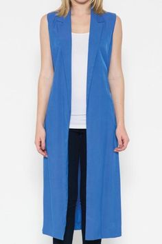 The perfect summer layering piece! This trench-style vest has a self-tie and pockets and is in a beautiful and flattering french royal blue. Wear it over a dress or skinny jeans for a unique look without extra bulk! Long Tie Vest Side Pockets Tie Belt Rayon/Polyester Imported Brand: Esley Waist Coat Outfit, Tie Vest, Summer Layering, Waist Coat, Style Vest, Coat Outfits, Tie Belt, Layering Pieces, Perfect Summer