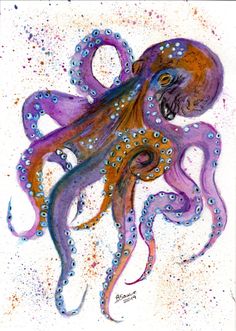 an octopus is painted in purple and orange