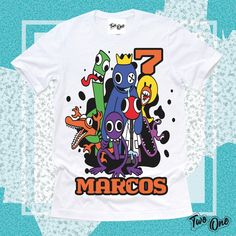 a t - shirt with an image of various cartoon characters and numbers on the front