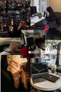 a collage of photos showing people working on their laptops in the city at night