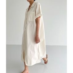 Oversized Beige Shirt Dress For Summer, Casual Cotton Maxi Dress With Button Closure, Cotton A-line Midi Dress With Button Closure, Beige Cotton Dresses With Pockets, Casual Cream Shirt Dress For Daywear, White Shirt Dress With Pockets For Day Out, White A-line Maxi Dress With Buttons, Cotton Short Sleeve Maxi Dress For Daywear, Oversized Beige Cotton Maxi Dress