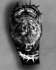 a black and white photo of a tiger wearing a crown of thorns