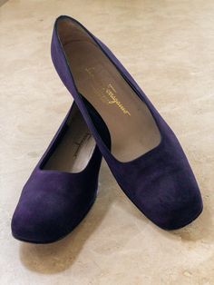 "Gorgeous aubergine suede low pumps - classic Ferragamo Salvatore Ferragamo Made in Italy  Size: 9 1/2 2A Leather sole 1\" Stacked Heel  Very Good Vintage Condition- some wear to soles and minor scuff to sole at toes area" Elegant Purple Slingback Pumps, Aubergine Shoes, Low Pumps, Purple Suede High Heels, Purple Leather Slip-on Loafers, Ferragamo Vintage Shoes, Womens Pumps, Suede Pumps, Stacked Heel