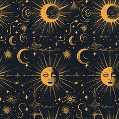 the sun, moon and stars are all over this black wallpaper with gold accents