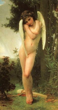 a painting of an angel standing in the woods