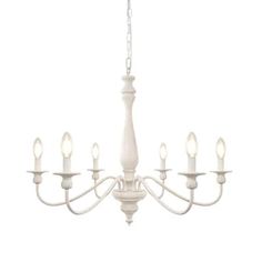 a white chandelier with six lights hanging from it's center point and four arms