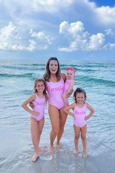 Pink one piece swimsuit adds a bright pop to her summer swimwear Ultra soft and stretchy fabric & tank sleeve design keeps the fit light and comfy Features a scoop back design for added comfort and style Mom & child suits both read "Besties" Twinning is winning! You and your little one will look adorable on the beach or poolside with friends in this "Besties" Pink One Piece Swimsuits. Made from a soft and lightweight fabric with a tank sleeve design, this one-piece swimsuit is designed to keep h Mom And Daughter Swimsuit, Mommy And Me Swimwear, Pink One Piece Swimsuit, Moms Funny, Dance Moms Funny, Swimsuit Pink, Sparkle In Pink, Bright Pop, Pink Things