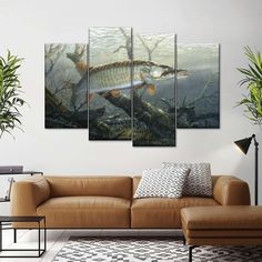 a fish is swimming in the water with trees and branches around it multi panel canvas wall art