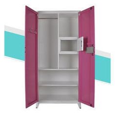 an open pink and white cabinet with shelves