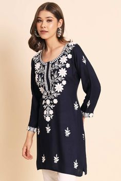 Grab These Beautiful Looking Readymade Kurti.These Kurti is Fabricated On Rayon.Its Beautified With Designer Lucknowi Chikankari Embroidery Work.Product Features: Top Color: Navy Blue Top Fabric: Rayon Work: Chikankari Embroidered Work Wash Care: Dry Clean Occasion: Festivewear, Casual Product Type: Kurti Disclaimer: There will be slight difference in digital to actual image Blue Straight Kurta With Floral Embroidery, Blue Floral Embroidered Straight Kurta, Blue Semi-stitched Kurta With Floral Embroidery, Semi-stitched Blue Kurta With Floral Embroidery, Navratri Blue Chikankari Embroidered Fabric, Fitted Blue Fabric With Chikankari Embroidery, Blue Long Sleeve Traditional Wear With Dori Work, Traditional Blue Fabric With Chikankari Embroidery, Blue Chikankari Embroidered Fabric For Diwali