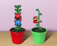 two potted plants that have been made to look like mario and luigi bros characters