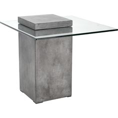 a table with a square glass top and concrete base on the bottom, sitting against a white background