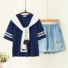 Product ID: JW4155 
 Material: Cotton, Denim 
 Color: White, Navy 
 Size Info: 
 T-shirt 
 One Size   Bust 102 cm, Length 55 cm, Sleeve 22 cm 
 Shorts 
 M   Waist 62-84 cm, Length 34 cm, Hip 96 cm 
 L    Waist 64-86 cm, Length 35 cm, Hip 100 cm www.ccovv.com Embroidery T Shirt, Kawaii Shirts, Korean Casual Outfits, Cute Pants, Animal Embroidery, Denim Color, Short En Jean, Colored Denim, Shorts Set