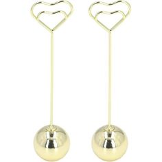 pair of earrings with heart shaped hooks and ball in gold tone finish on white background