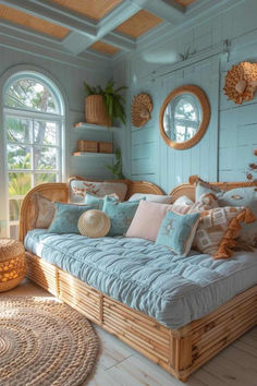 44 Unique Bonus Room Designs for Amazing Homes Bedroom Ideas Lake House, Room Decor Bedroom Colorful, Tiny Beach House Interior Coastal, Interior Design Beachhouse, Bedroom Inspirations Turquoise, Bright Cozy Bedroom Ideas, House Interior Theme Ideas, Maximalist Beach Decor, Beach House Furniture Ideas